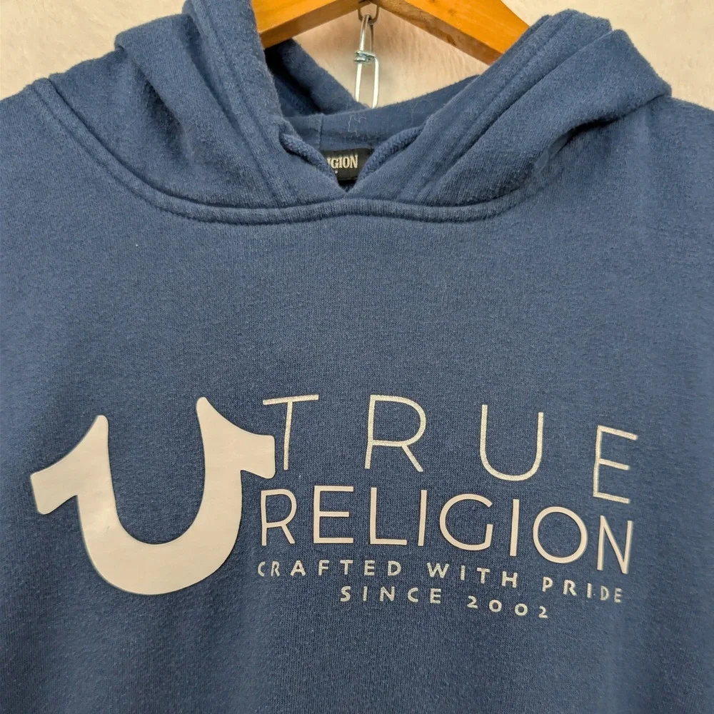 True Religion Hoodie Men's L Navy Blue Fleece Streetwear Relaxed Fit Pullover